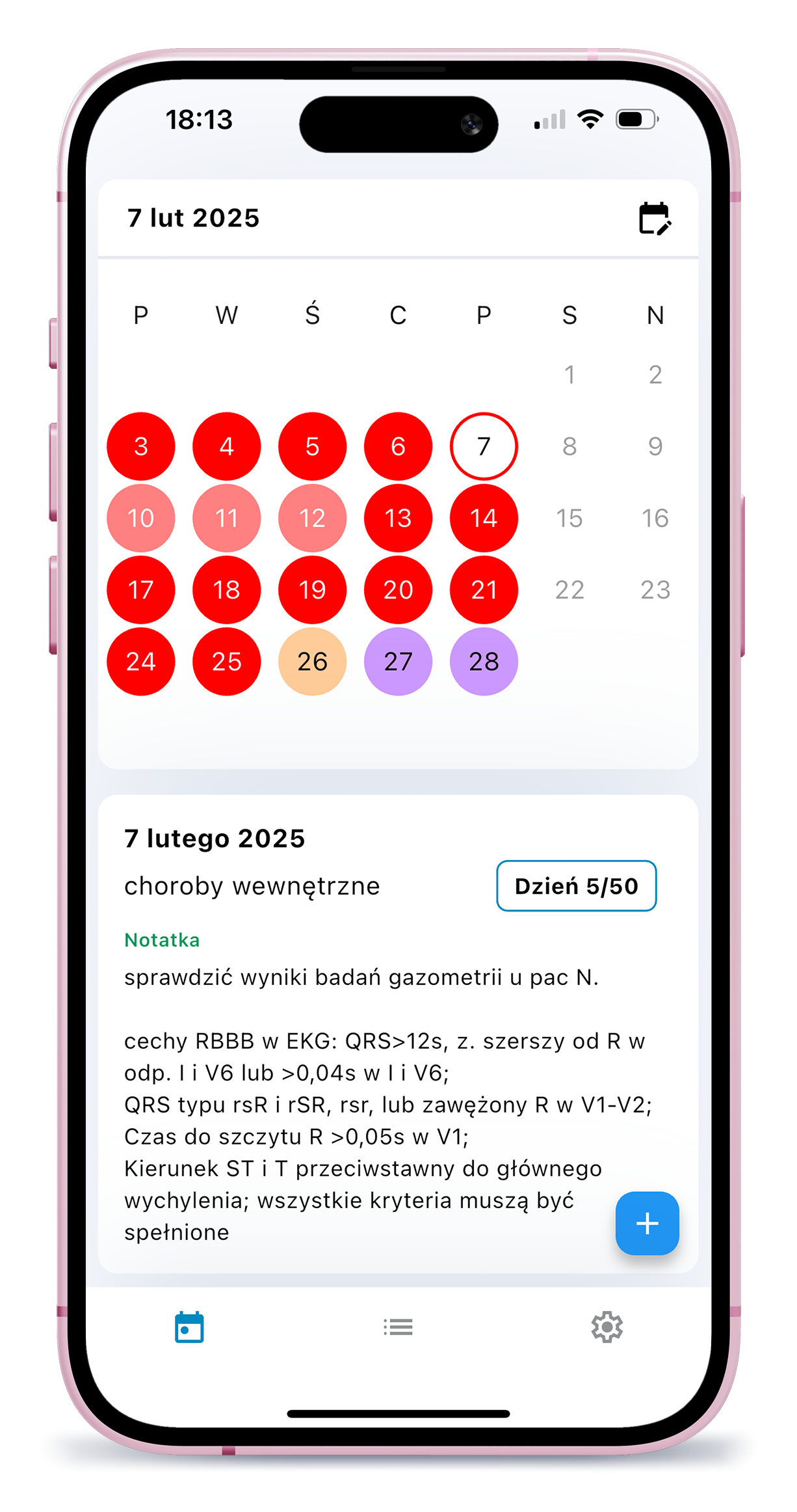 Widok kalendarza z kolorowymi stażami cząstkowymi i notatkami
